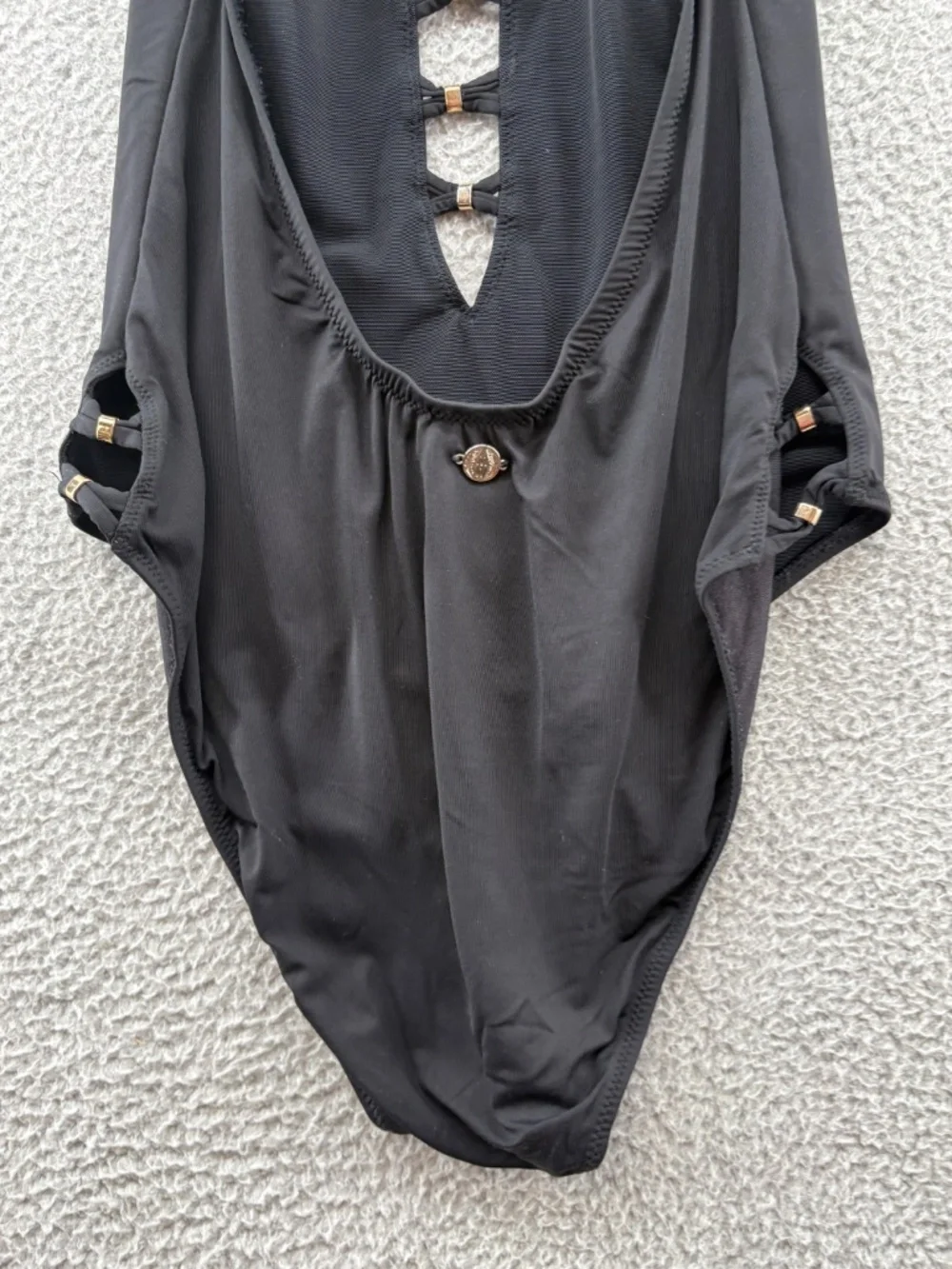MW by Matthew Williamson Black Halter One Piece Swimsuit Plunge Cutout Gold Hard - Picture 6 of 11